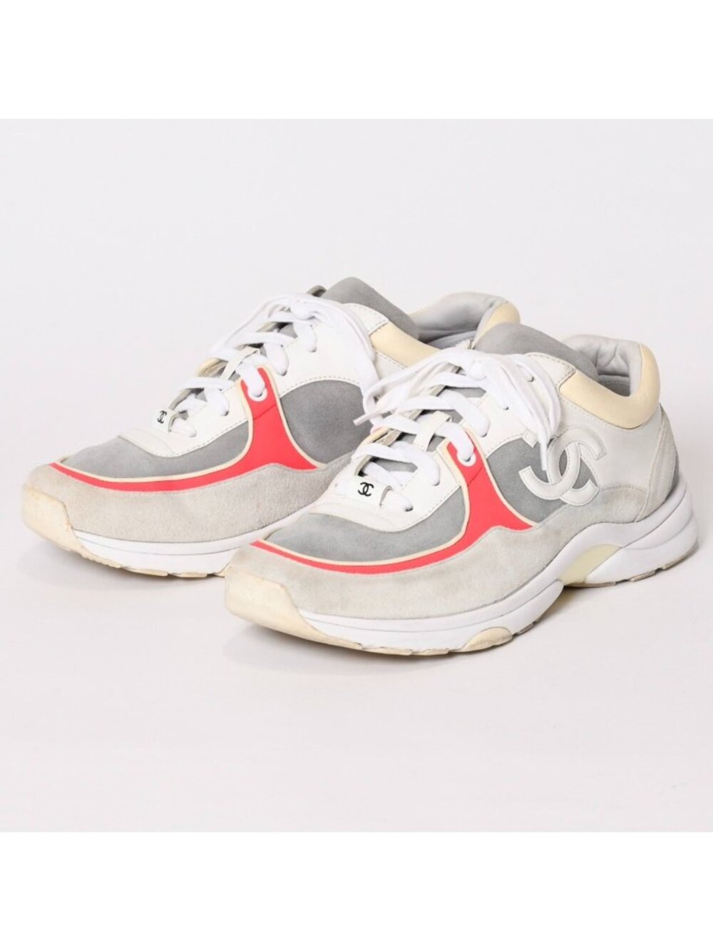 Chanel CC Logo Suede Sneakers White Gray
